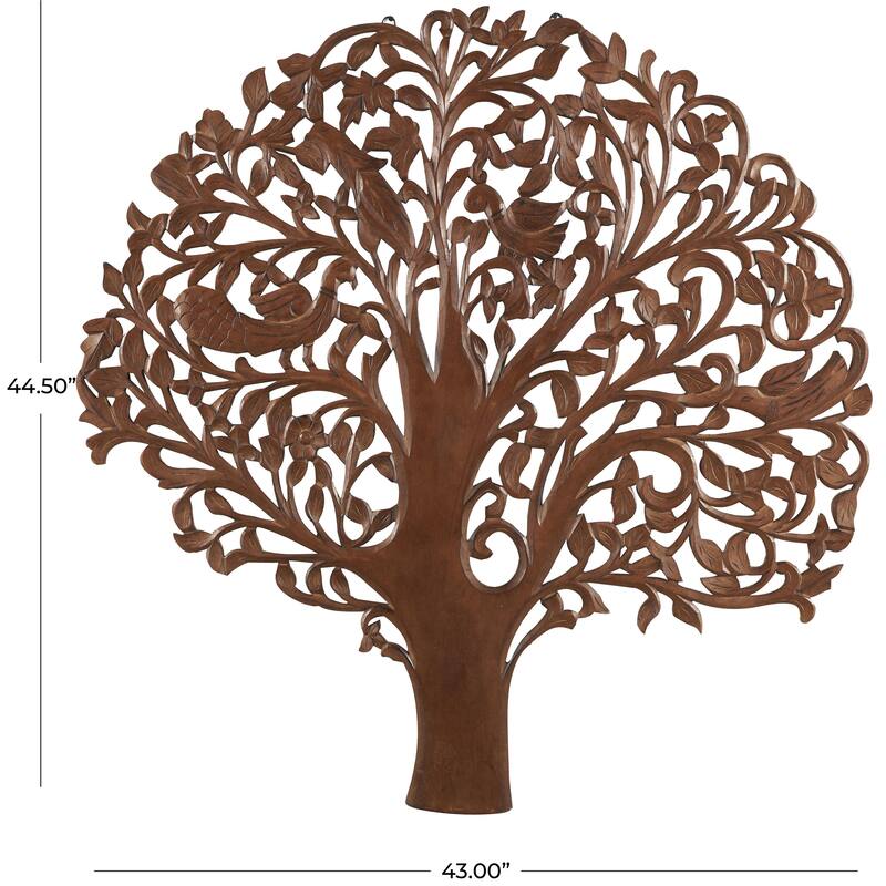 Brown Wooden Carved Tree Home Wall Decor with Animal Accents