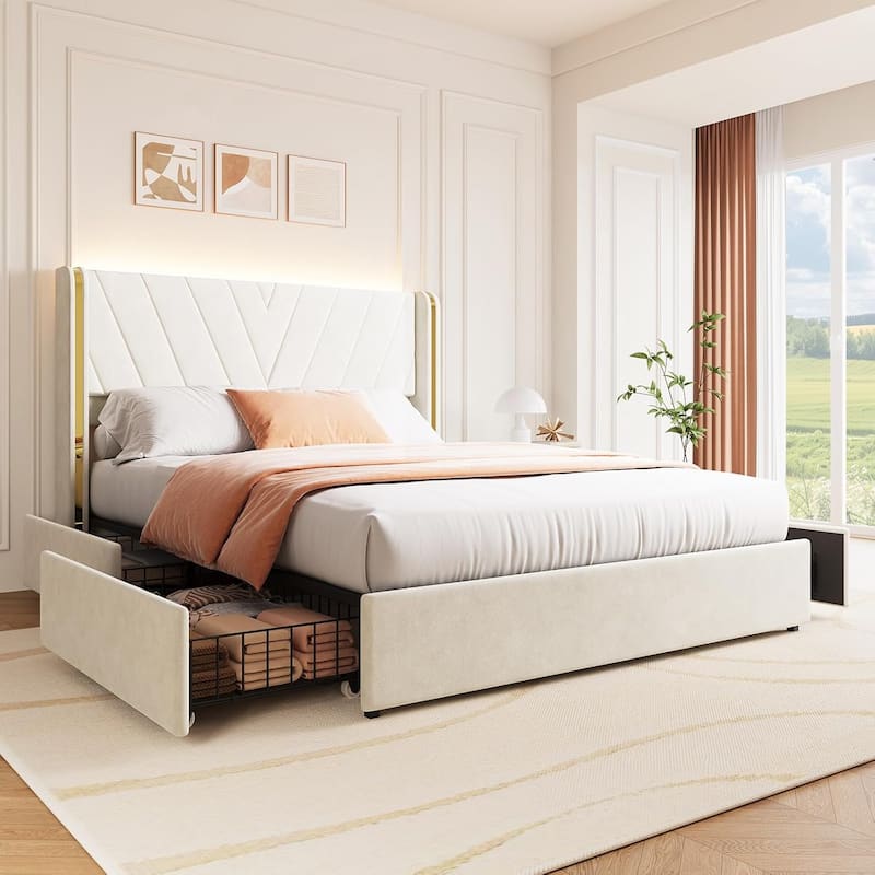 Upholstered Velvet Platform Bed Frame With Wingback Headboard and 4 Storage Drawers - Queen