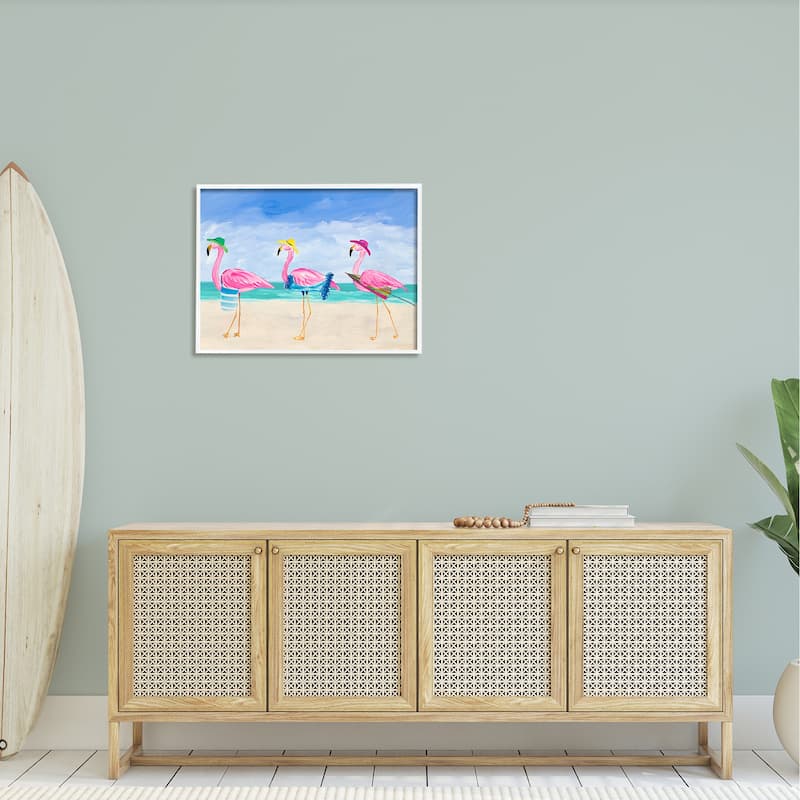 Stupell Cute Pink Flamingos Beach Attire Strolling Coast Illustration Framed Wall Art