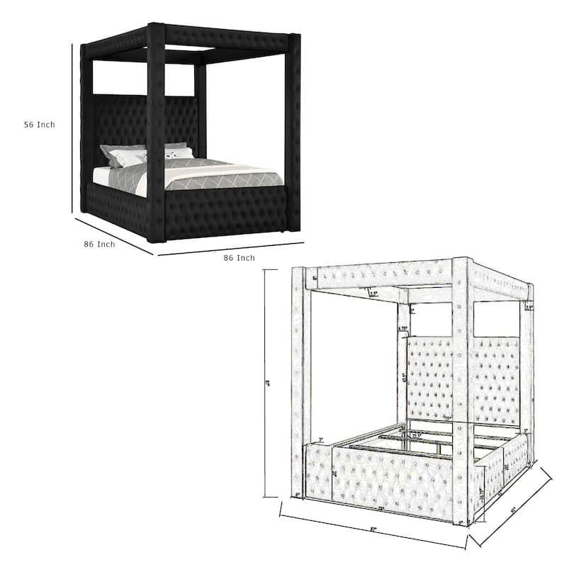 Beli King Size Canopy Bed, Tufted Design, Black Velvet Upholstery
