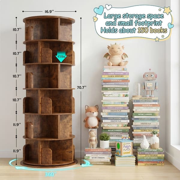 6-Tier Rotating Bookshelf With Wheels And Drawer, 360° Spinning Wood Storage Organizer For Small Spaces, Narrow Floor Standing Bookcase For Bedroom