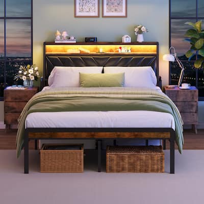 Full Size LED Platform Bed, 105 Degree Tilted Upholstered Headboard with Charging Station, Heavy Duty Metal Storage Bed Frame