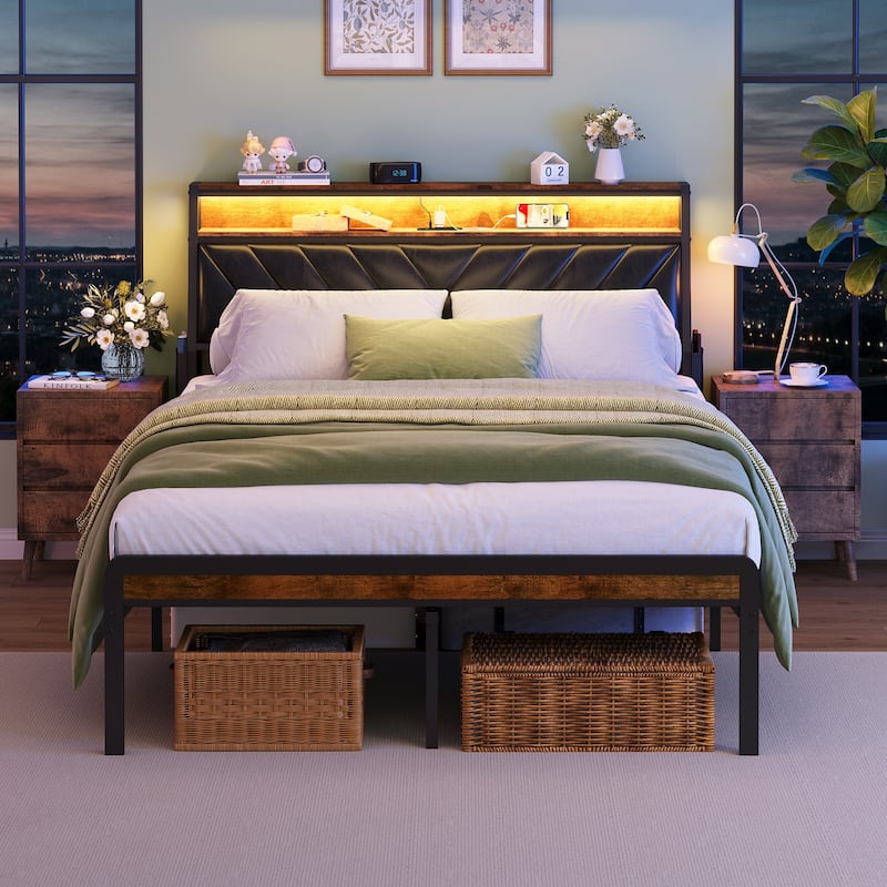 Platform Bed with Tilted Upholstered Headboard, Charging Station, and LED Lights