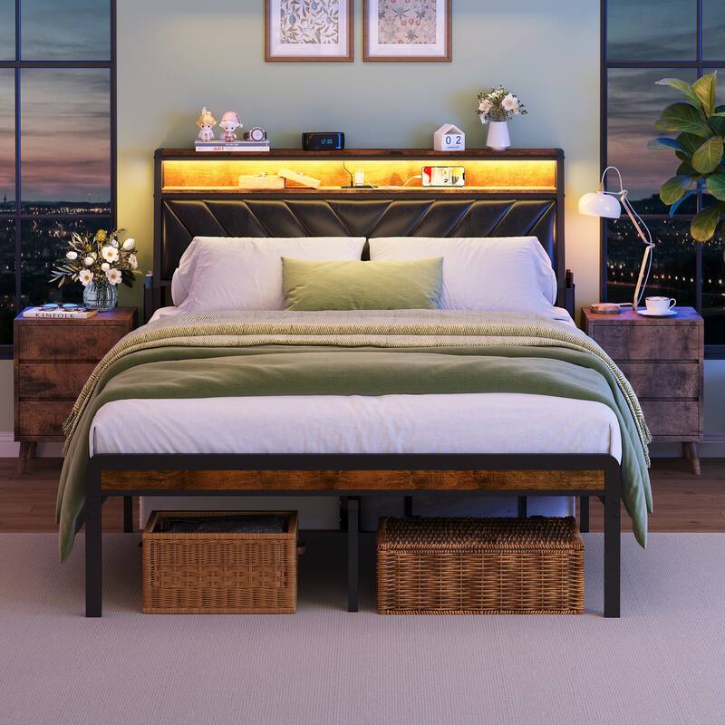 Rustic Platform Bed with 105-Degree Tilted Upholstered Headboard, Charging Station & LED Lights, Noise-Free Metal Bed Frame