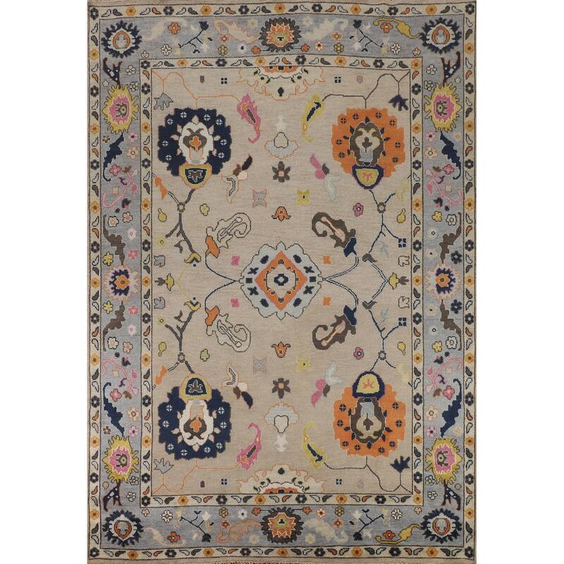 All-Over Floral Beige Oushak Oriental Area Rug Handmade Wool Carpet - 9'1" X 11'9"
