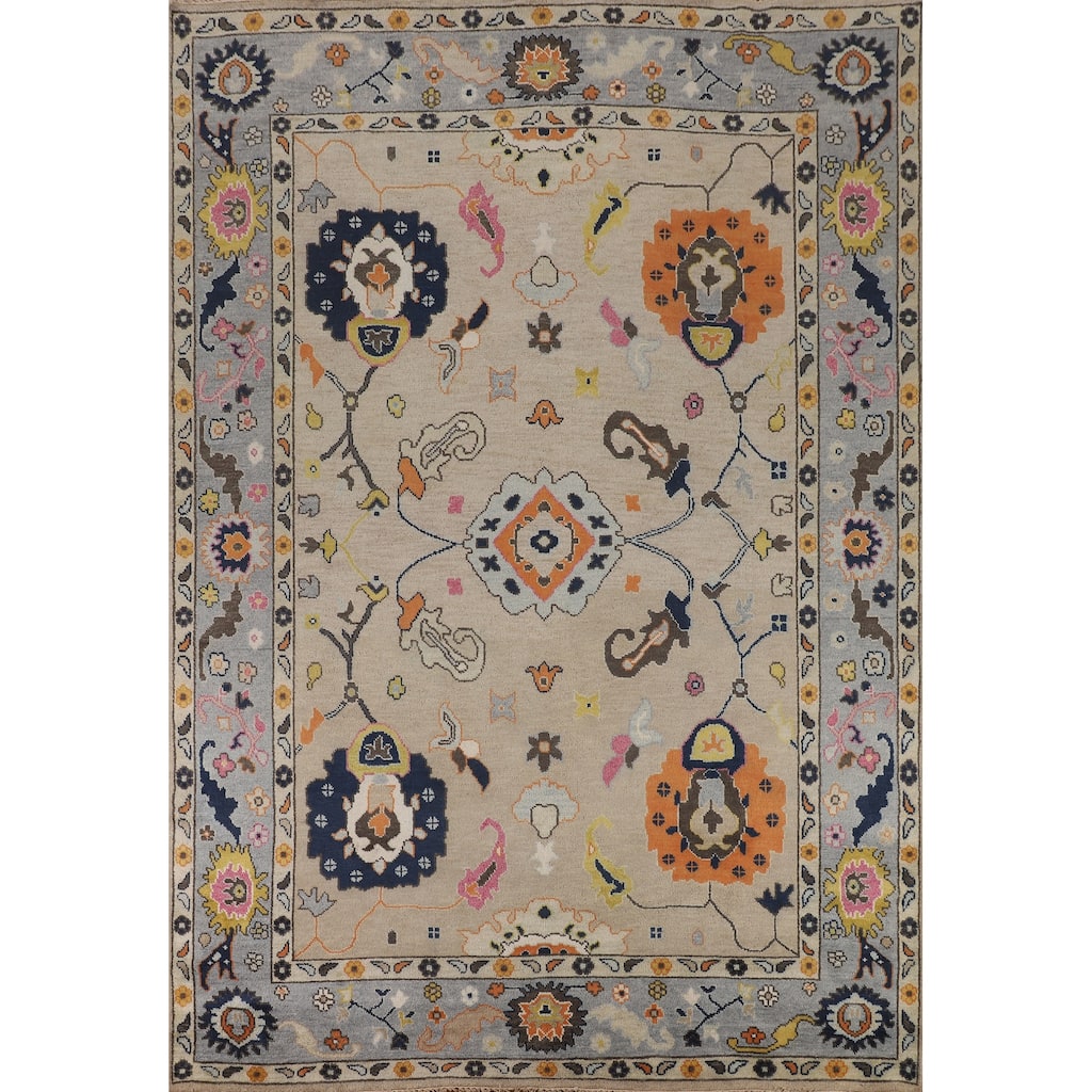 All-Over Floral Beige Oushak Oriental Area Rug Handmade Wool Carpet - 9'1" X 11'9"