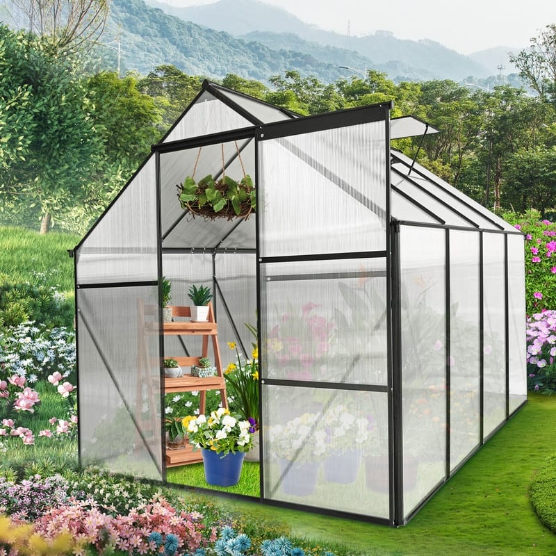 6x8 FT Polycarbonate Greenhouse with Raised Base and Anchor - 6x8
