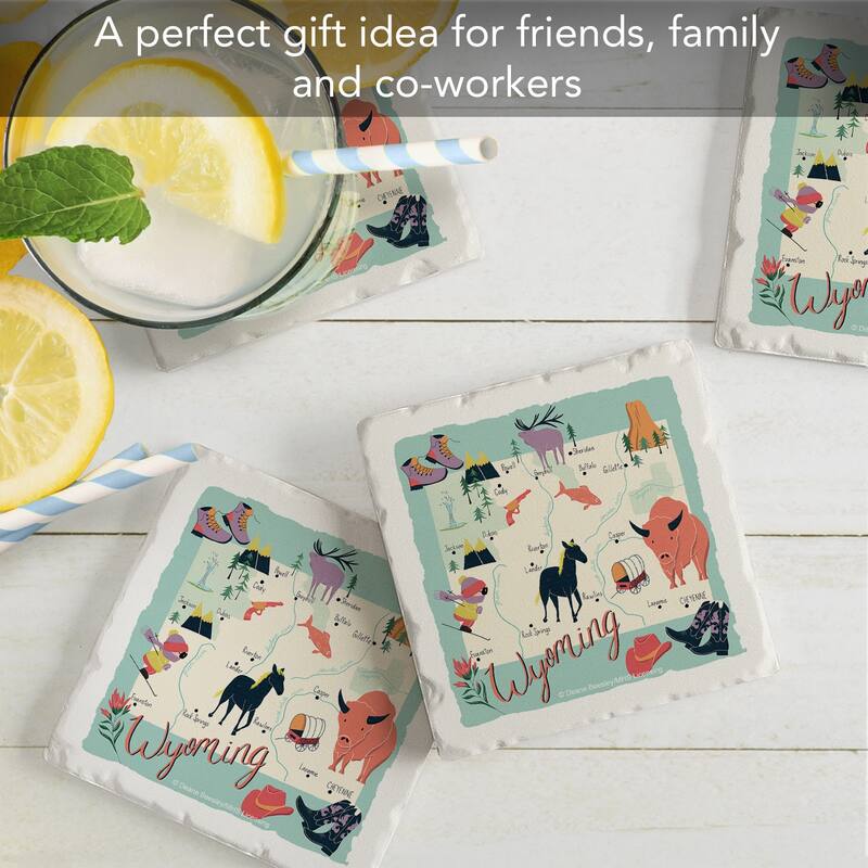 Wyoming 4-Pack Absorbent Stone Coasters with Protective Cork Backing 4" Square Made in The USA Artistic Easily Wipes Clean