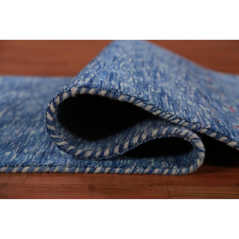 Hand Knotted Oriental 100% Wool Carpet Tribal Tribal Navy Blue & Blues Gabbeh Runner Rug - 9' 9'' X 2' 7''