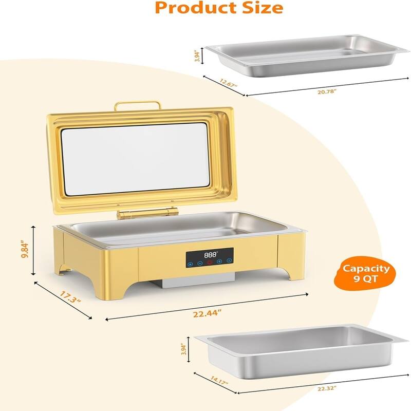 Electric Chafing Dish 9QT Full Size Touch Screen Chafing Dishes for Buffet Roll Top Set Food Servers and Warmer Gold - 9L