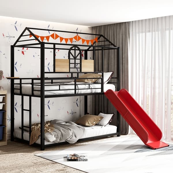 slide 2 of 7, Sturdy Twin Over Twin Metal Bunk Bed ,Metal Housebed With Slide Black - Twin XL