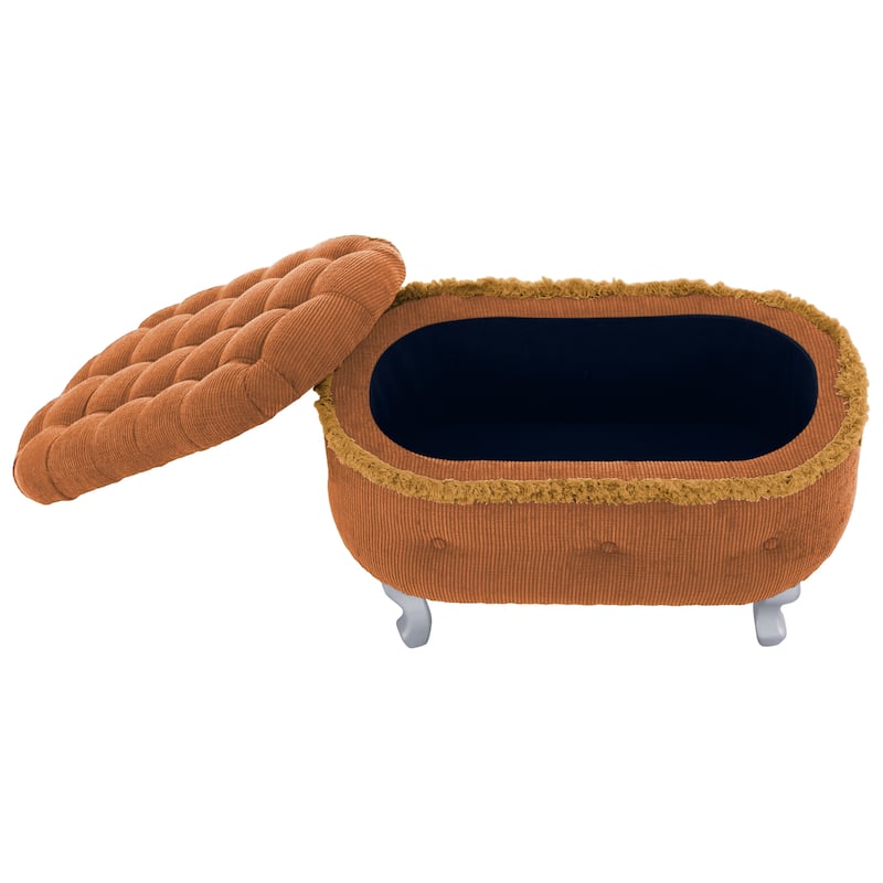 Roomfitters Upholstered Storage Bench with Button Tufted Top, End of Bed Bench with Fringe and Curved Legs