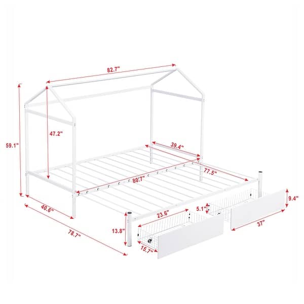dimension image slide 0 of 2, Twin XL to King Metal Platform Bed with House Design and 2 Storage Drawers , Expandable from Twin to King Size
