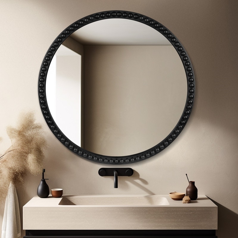Farmhouse Wall Mirror with Orbit Round Beaded Wood Frame