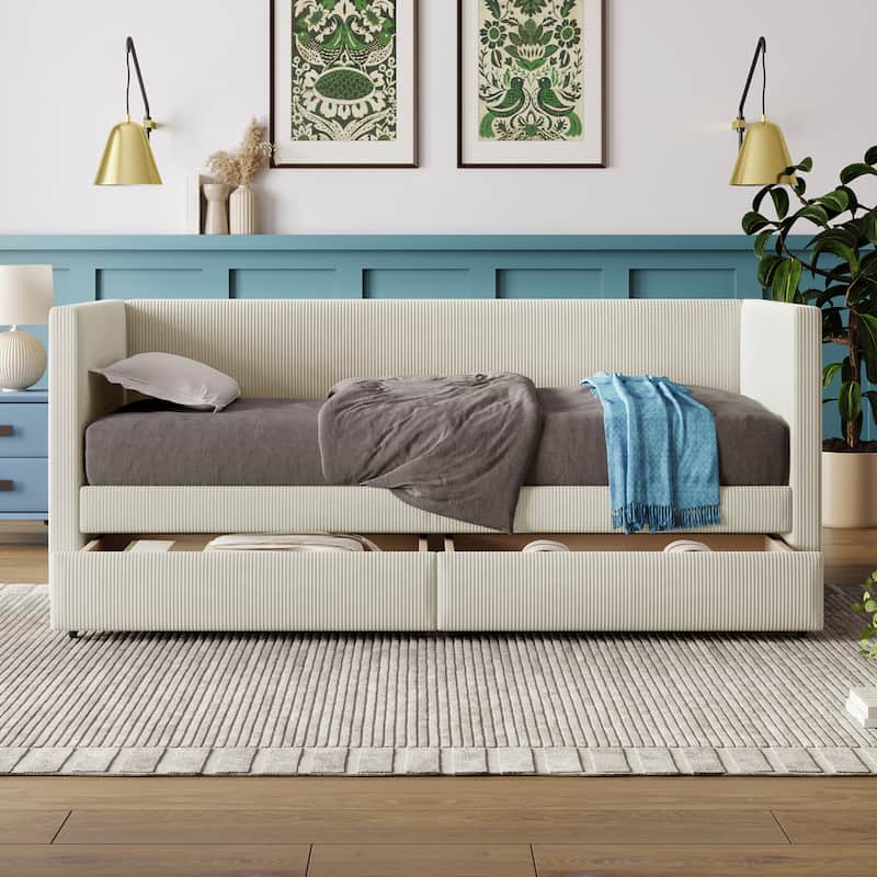 Vertical Lines Corduroy Daybed Wood Platform Bed with 2 Armrests & 2 Storage Drawers, Wood Slat Panel Bed - Beige - Twin