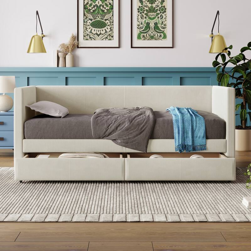 Corduroy Upholstered Twin Daybed with Drawers, No Box Spring Needed, Space-Saving Design
