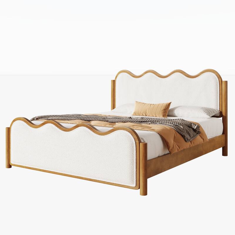 Christopher Knight Home - Modern Upholstered Boucle Bed Frame with Wooden Legs with Wavy Curved Headboard