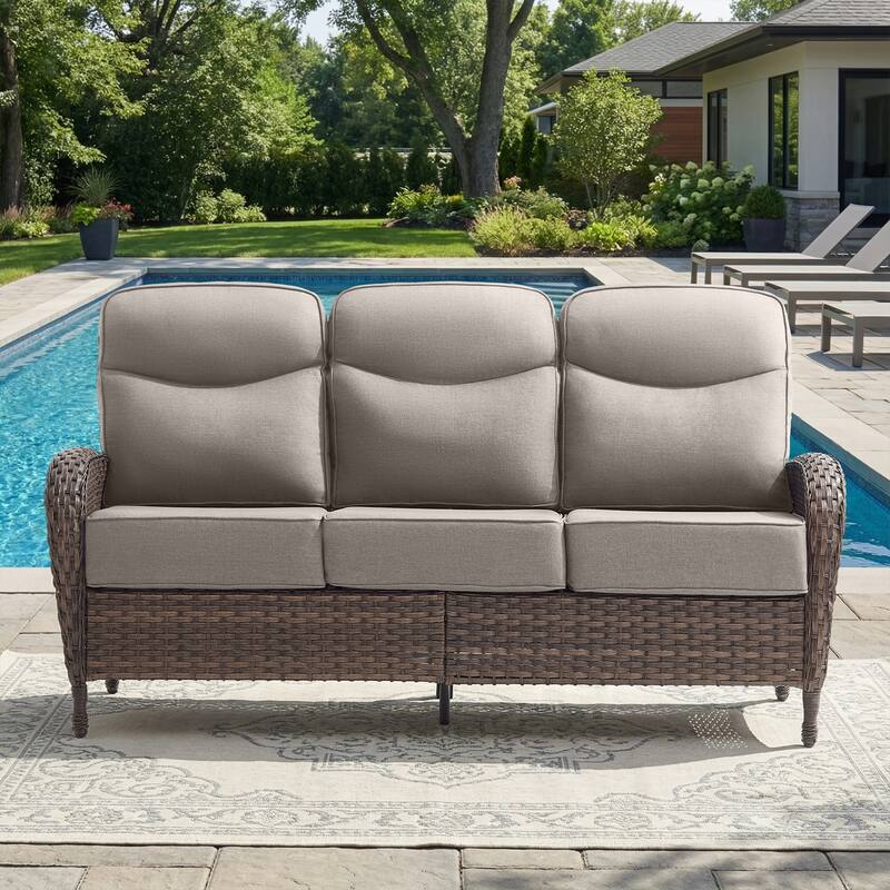 Pocassy Outdoor Wicker Patio Sofa with Swivel Chair Ottoman Sets - Brown Wicker Gray Cushion - Only 3-Seat Sofa