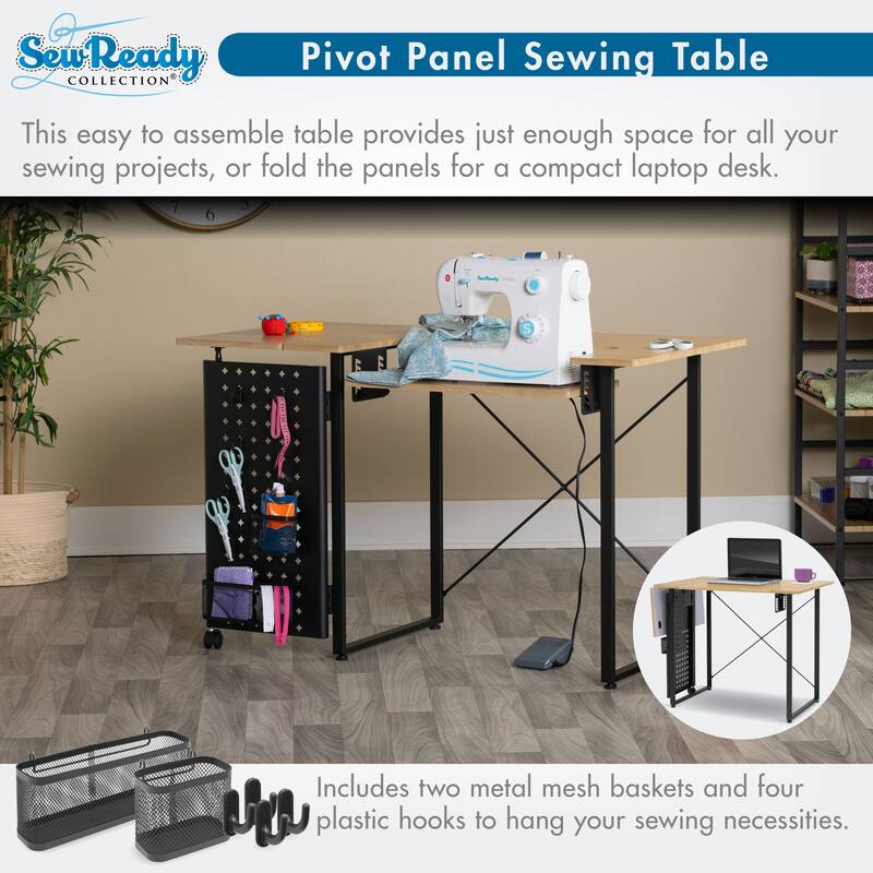 Sew Ready Pivot Sewing Table with Folding Top Adjustable Platform and Storage Peg Panel