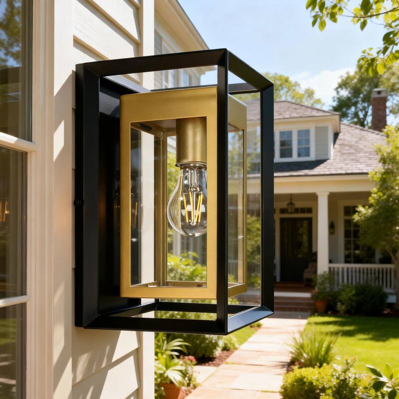 1-Light Black Gold Two-tone Metal Outdoor Wall Sconce - Single