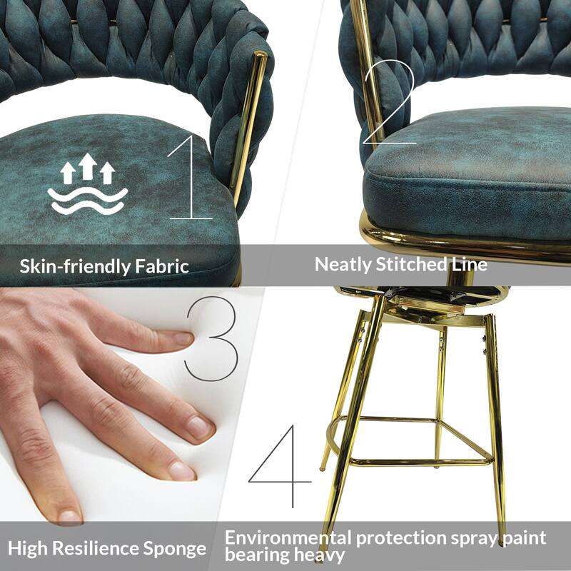 360 Swivel Suede Woven Bar Chair Set of 4, Upholstered Barstools with Metal Base