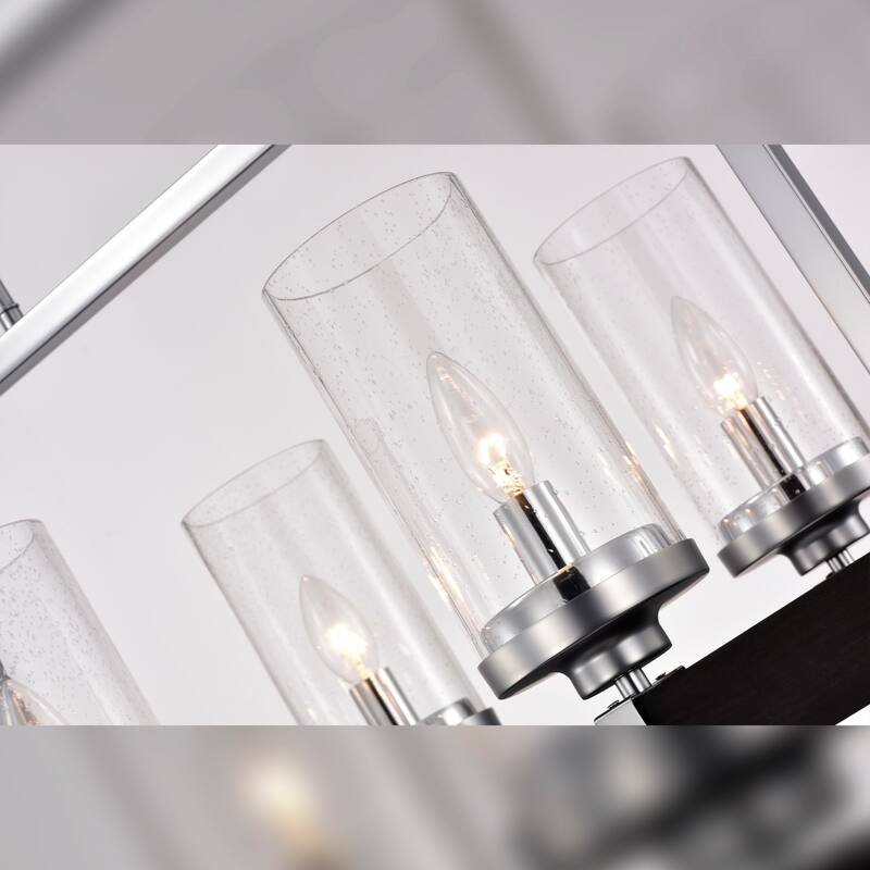 Wood and Metal 6-light Linear Chandelier with Seeded Glass Shades Silver / Black