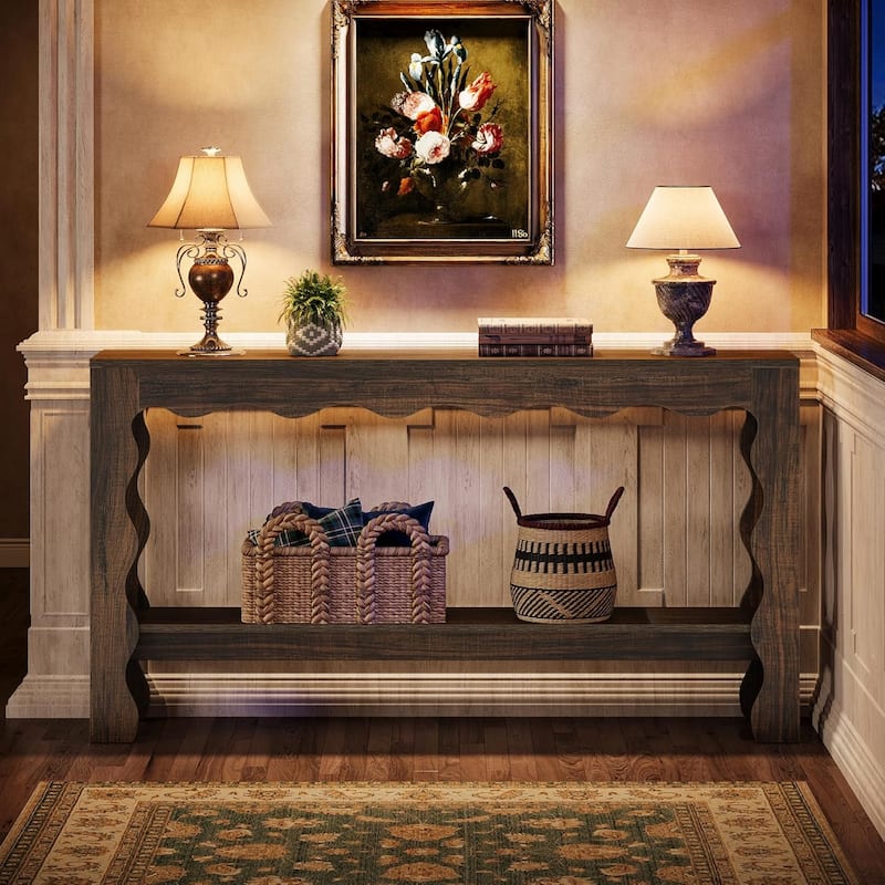 63 Inch Console/Entryway Table, Modern Rustic Entry Table with Scalloped Edge & Storage Shelf