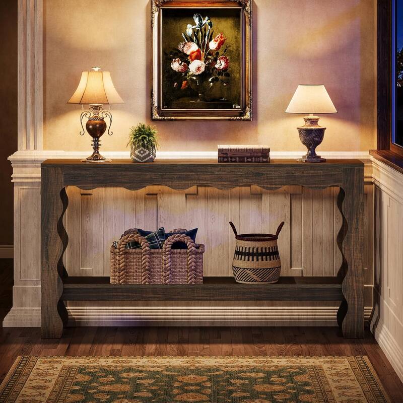 63 Inch Modern Rustic Console Table with Scalloped Edge & Storage Shelf, Accent Narrow Long Sofa Table Behind Couch Tables