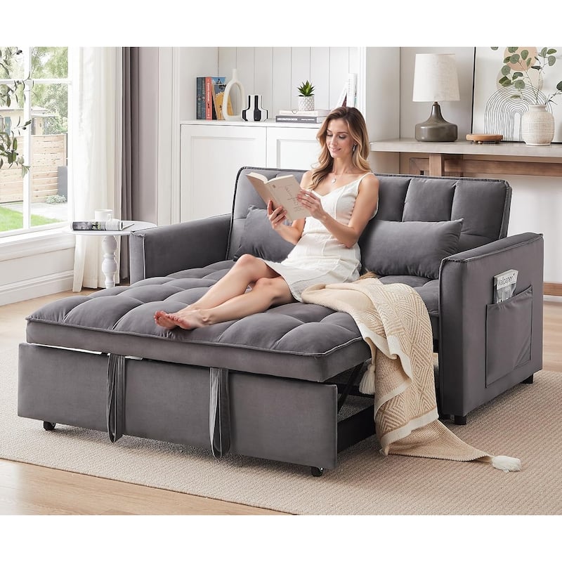 3 in 1 Convertible Sleeper Sofa Bed, Futon Couches for Living Room with Side Pocket, Adjustable Backrest - Grey