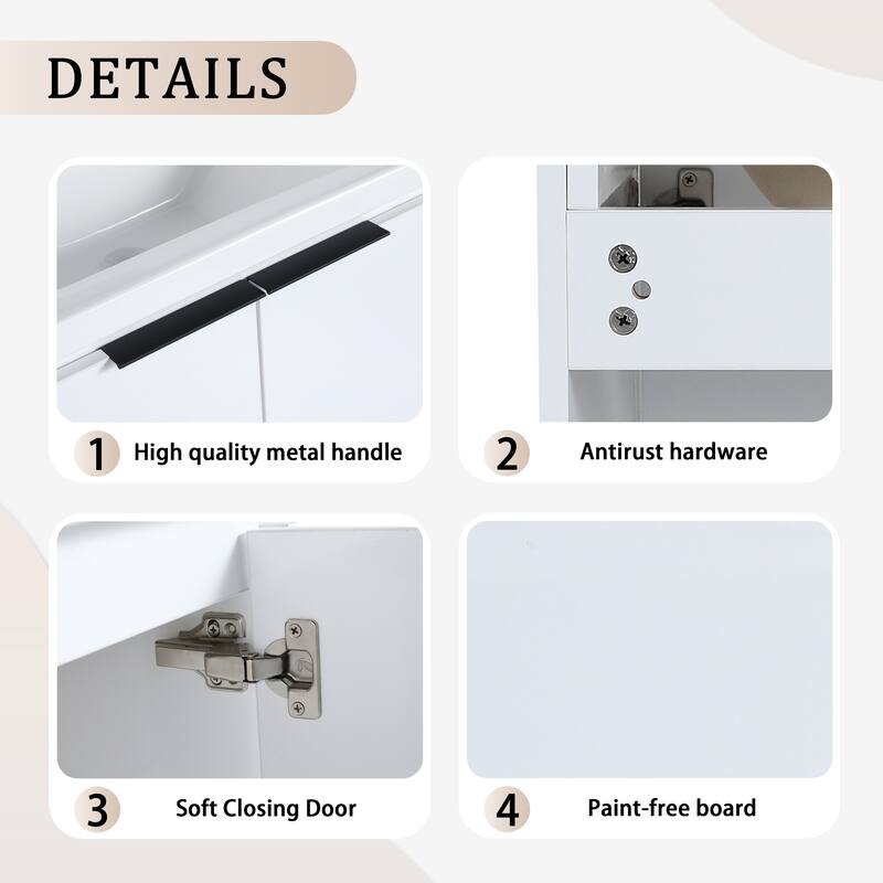 Wall Mounted Bathroom Vanity with Ceramic Basin, Soft Closing Doors, and Metal Handles for Modern Bathroom Storage