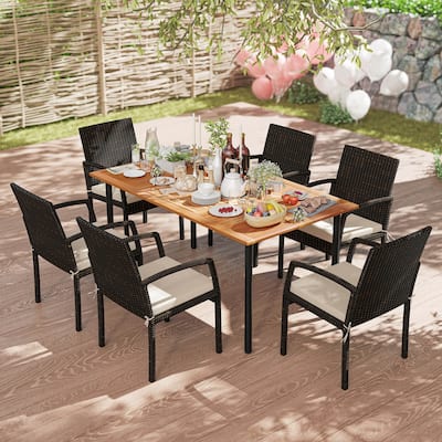 Costway 7PCS Patio Rattan Dining Set Table Top W/Umbrella Hole - See Description