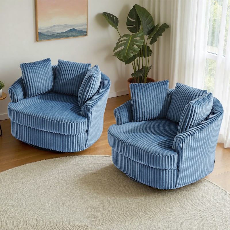 2 Set Oversized 43" W Plush Corduroy Swivel Barrel Chair with Pillows