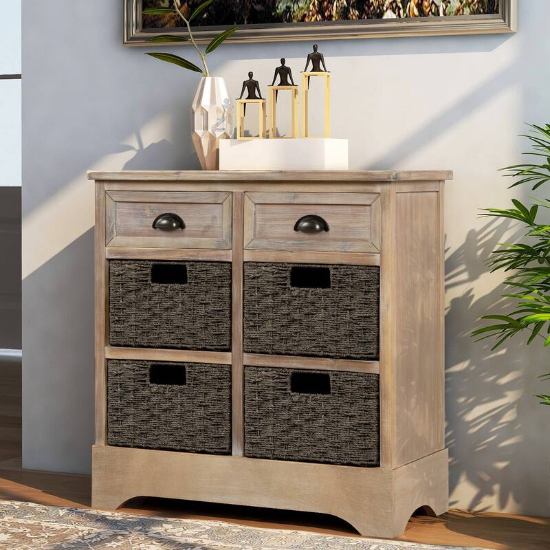 Rustic Storage Cabinet with Two Drawers and Four Classic Rattan Basket