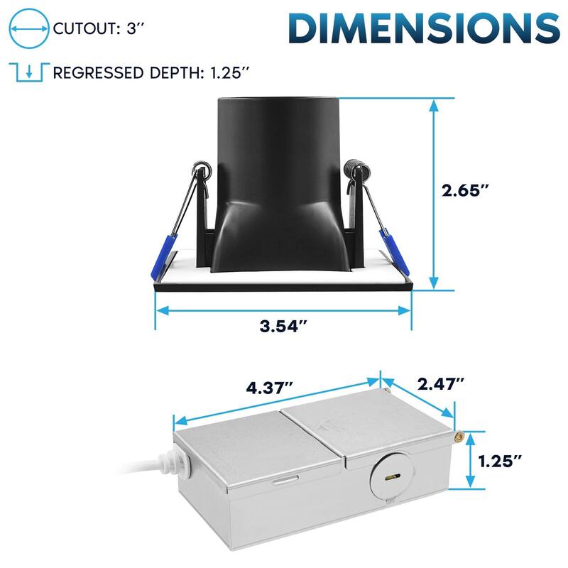 Luxrite 3 in. Square LED Recessed Ceiling Light J-Box 8W 5CCT 530 Lumens Wet Rated Black Trim