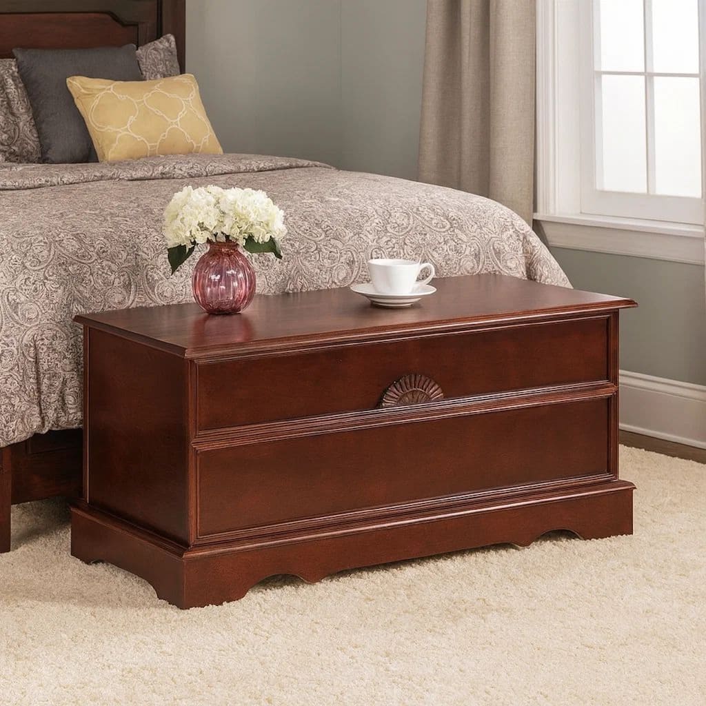 Traditional Style Lift Top Wooden Chest with Carved Details, Dark Brown