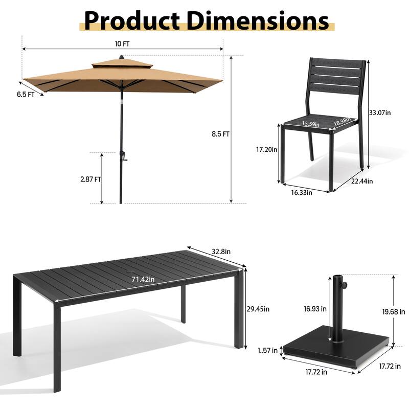 Set of 9 Outdoor Patio Dining Set WoodLike Aluminum Umbrella Hole Table with Stackable Chairs, Market Umbrella Set