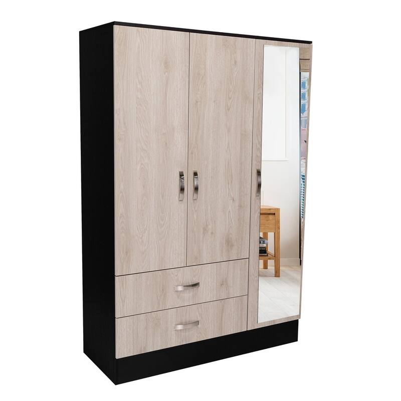 19.4" Modern Mirrored Armoire with Hanging Rod, Two Drawers and Two Interior Shelves