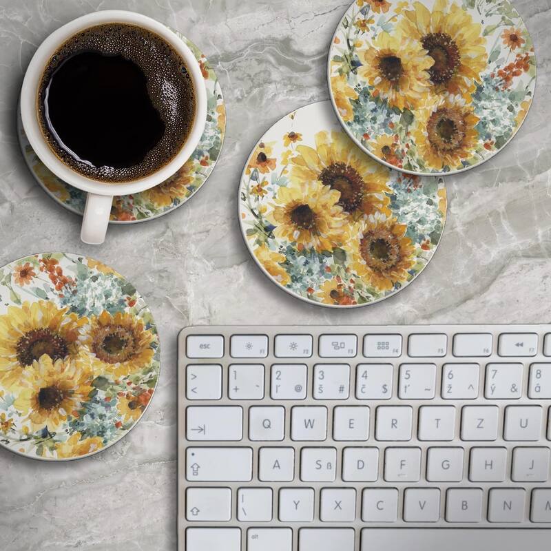 CounterArt Sunflowers Forever Absorbent Stone Tumbled Tile Coaster Set of 4 Made in The USA Protective Cork Backing