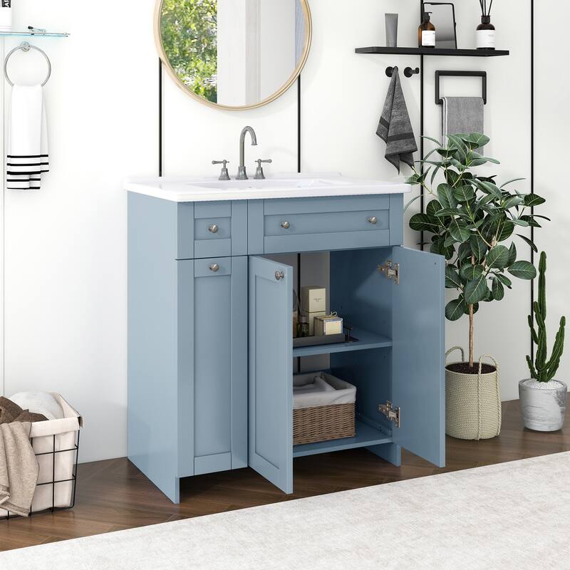 Compact 30-Inch Black Bathroom Vanity with Ceramic Sink, Soft-Close Doors, and Ample Storage Space