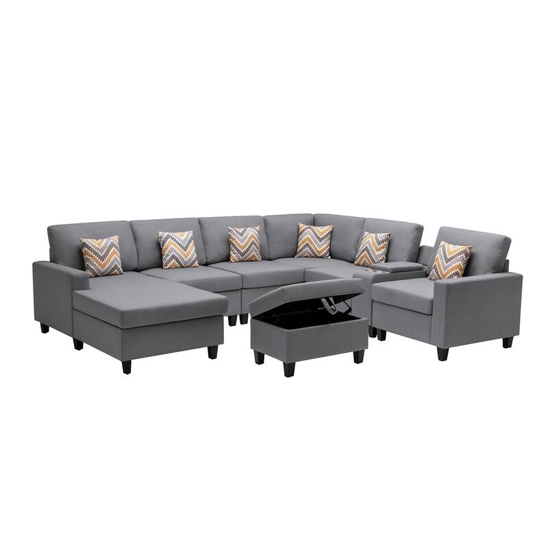 Linen Fabric 8 Piece U-Shaped Reversible Chaise Sectional Sofa with Interchangeable Legs and 6 Pillows