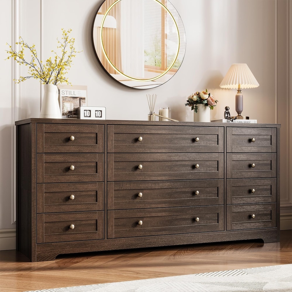 12 Drawer Dresser for Bedroom, Modern Wood Chest with Wide Top for 65" TV, Farmhouse Storage Cabinet