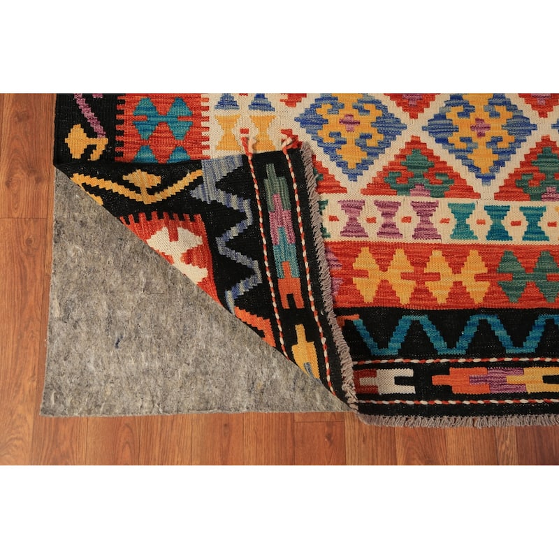 Geometric Trellis Kilim Area Rug Handmade Wool Carpet - 8'8"x 11'4"