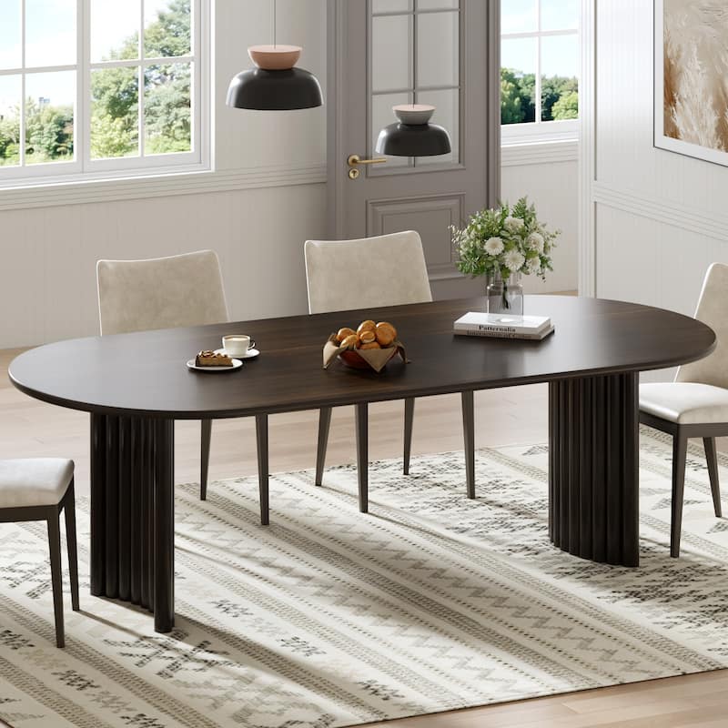 Oval Dining Table with Arc-Shaped Edge Top and Stripes Base Modern Farmhouse Kitchen Table for Living Room Dining Room - 79 in.L x 33.5 in.W - Walnut