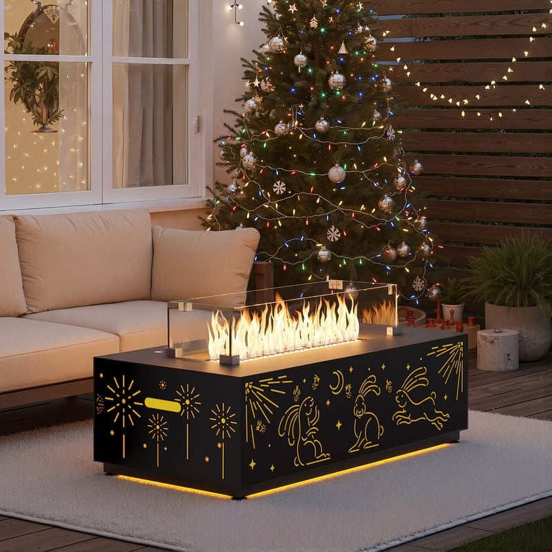 FINCATI Propane Fire Pit Coffee Table, Rectangle Natural Gas Outdoor Fire Pit Modern Gas Firepit, 42'' Fire Pit Table - Bunny