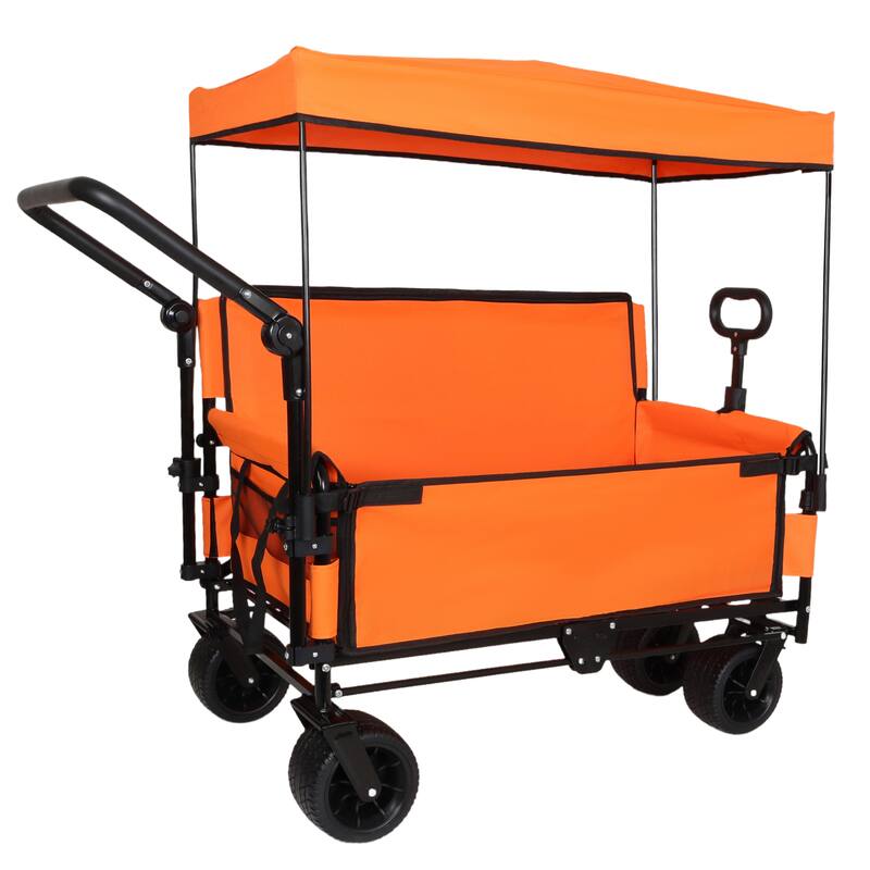3-in-1 Folding Wagon with Bench Seat & Canopy - 500lb Heavy-Duty All-Terrain Cart, Orange