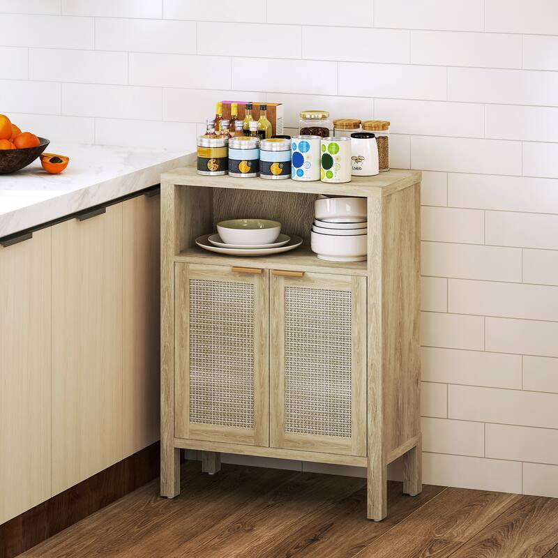 Rattan Sideboard with Adjustable Shelves and Golden Handles for Kitchen Dining and Living Room Storage - Natural