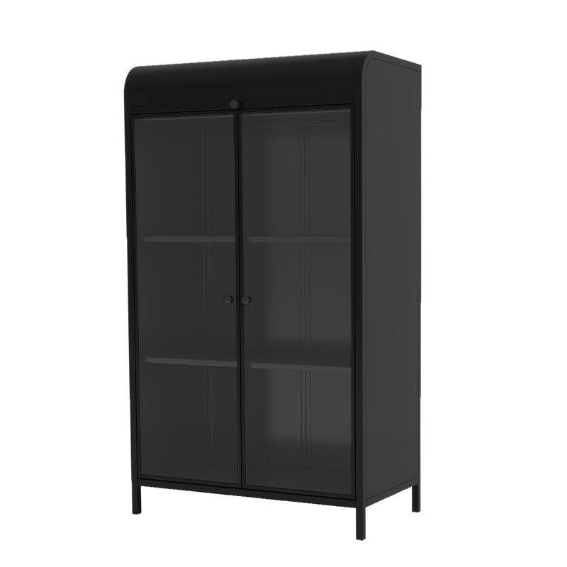 47.6" Tall Metal Storage Cabinet with Glass Doors & Flip-Top, 4-Tier Display Cabinet with Open Shelves, Freestanding Buffet