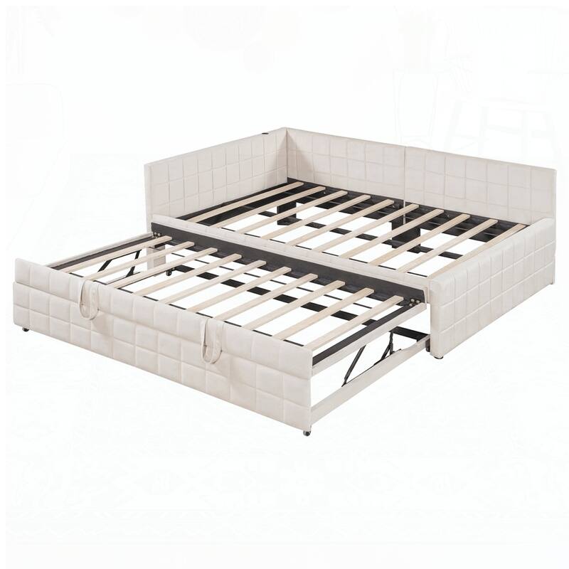Upholstered L-Shaped Upholstered Daybed with Twin Size Pop Up Trundle and USB ports