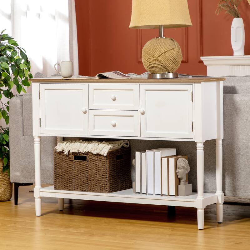 Vintage Console Table with 2 Drawers, Cabinets and Bottom Shelf