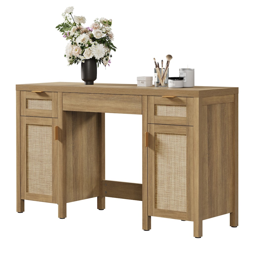 Multifunctional Rattan Vanity Desk with 3 Drawers - 1-Piece